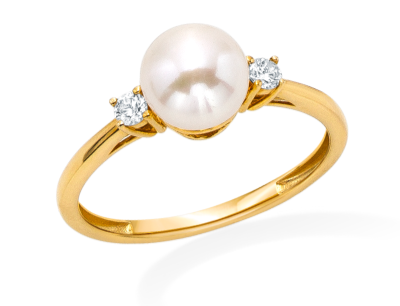 Yellow gold ring pearl center diamond details.