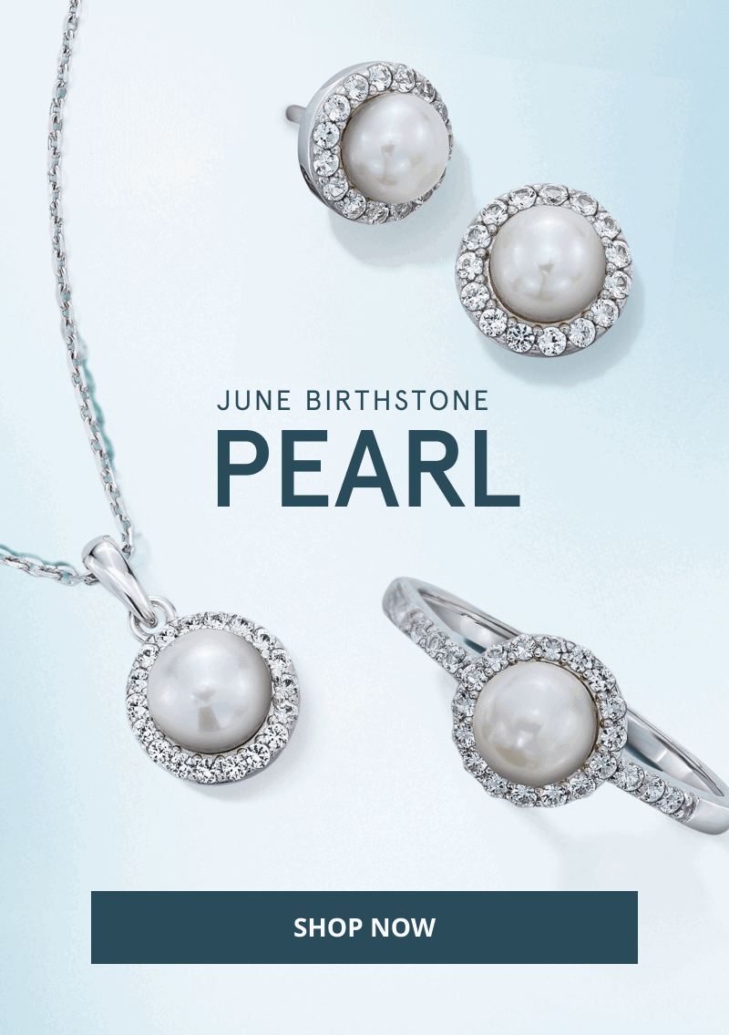 Pearl jewelry set featuring pearl pendant, stud earrings, and halo ring with diamonds. June Birthstone. Click shop now.
