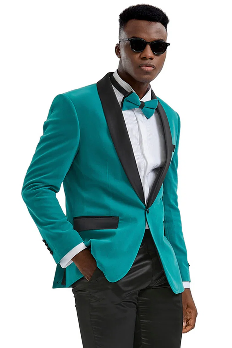 Men's Slim Fit Shawl Lapel Velvet Wedding & Prom Tuxedo Jacket in Teal