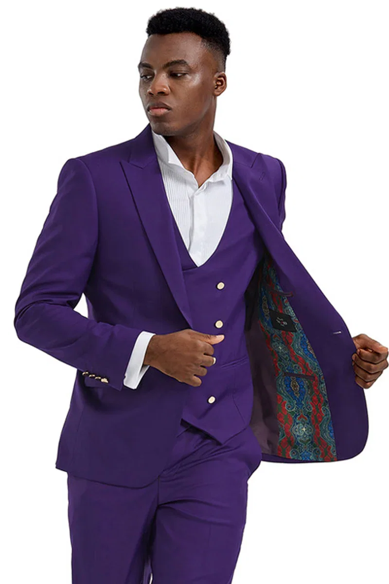 Men's One Button Peak Lapel Vested Suit with Gold Buttons in Purple