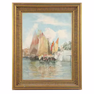 Oil Painting with Sailboats in the Style of Marcel Catelein, 20th Century
