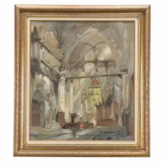 Cathedral Oil Painting of Interior Scene, Late 20th Century