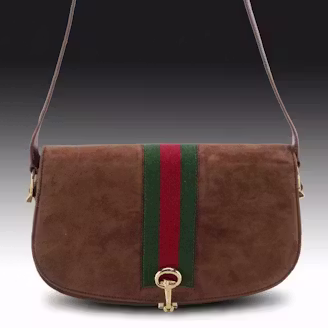 Gucci Vintage Web Stripe Shoulder Bag in Mocha Brown Suede and Leather Trim