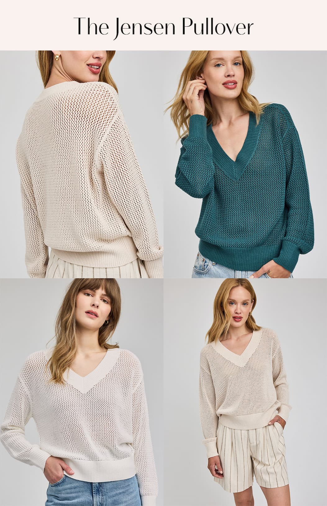 Collage featuring multiple models wearing the Jensen Pullover in cream and teal open-knit styles paired with casual bottoms.