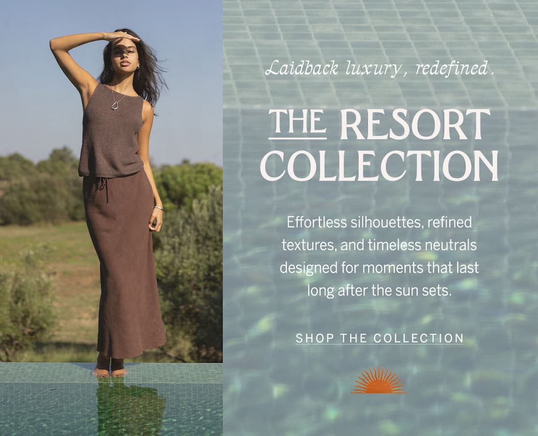 Split-layout promotional graphic featuring a model in a brown sleeveless knit top and matching maxi skirt beside a pool, alongside text introducing “The Resort Collection” with relaxed, neutral resort-inspired styling.