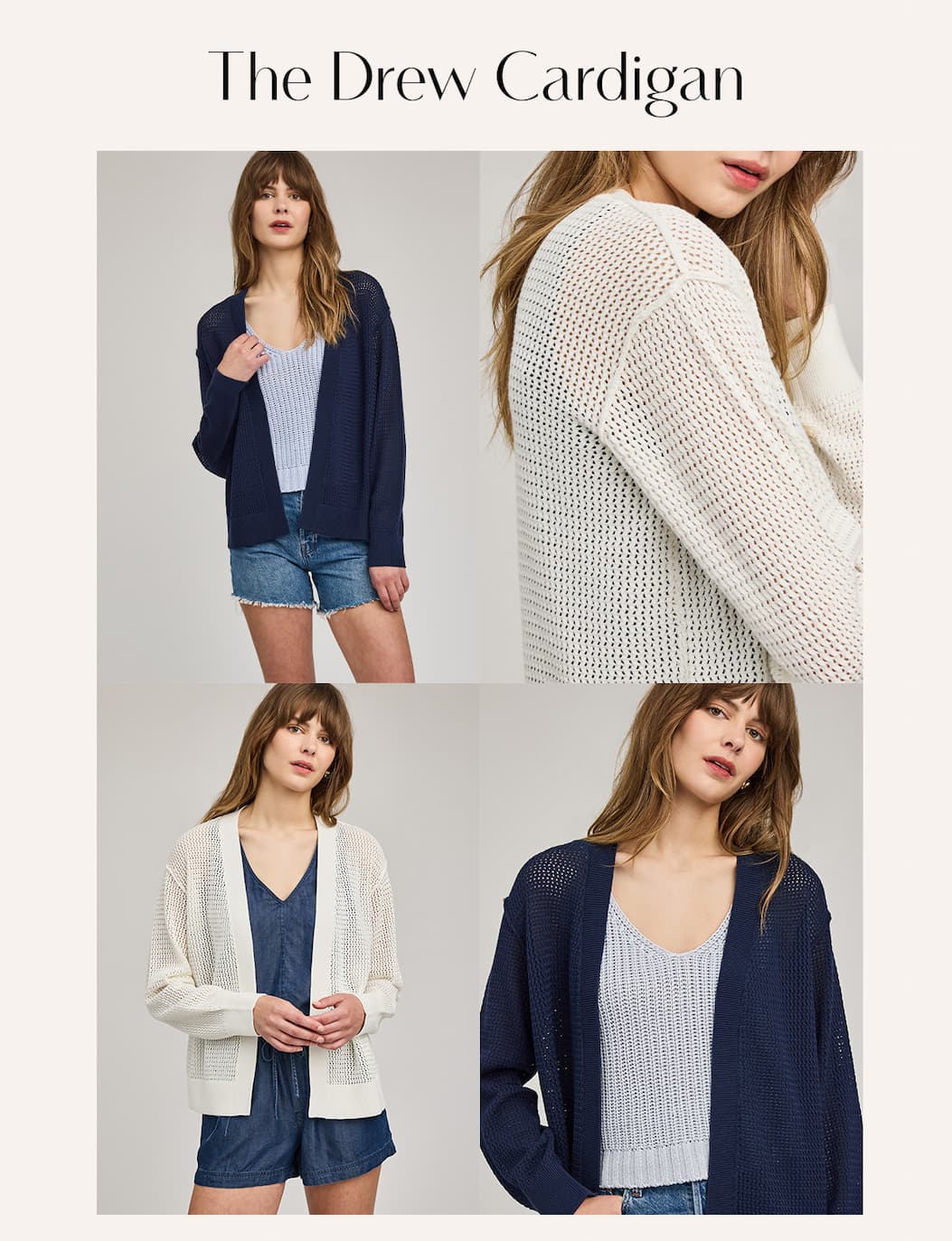 Collage featuring models wearing the Drew Cardigan in open-knit styles and neutral tones.