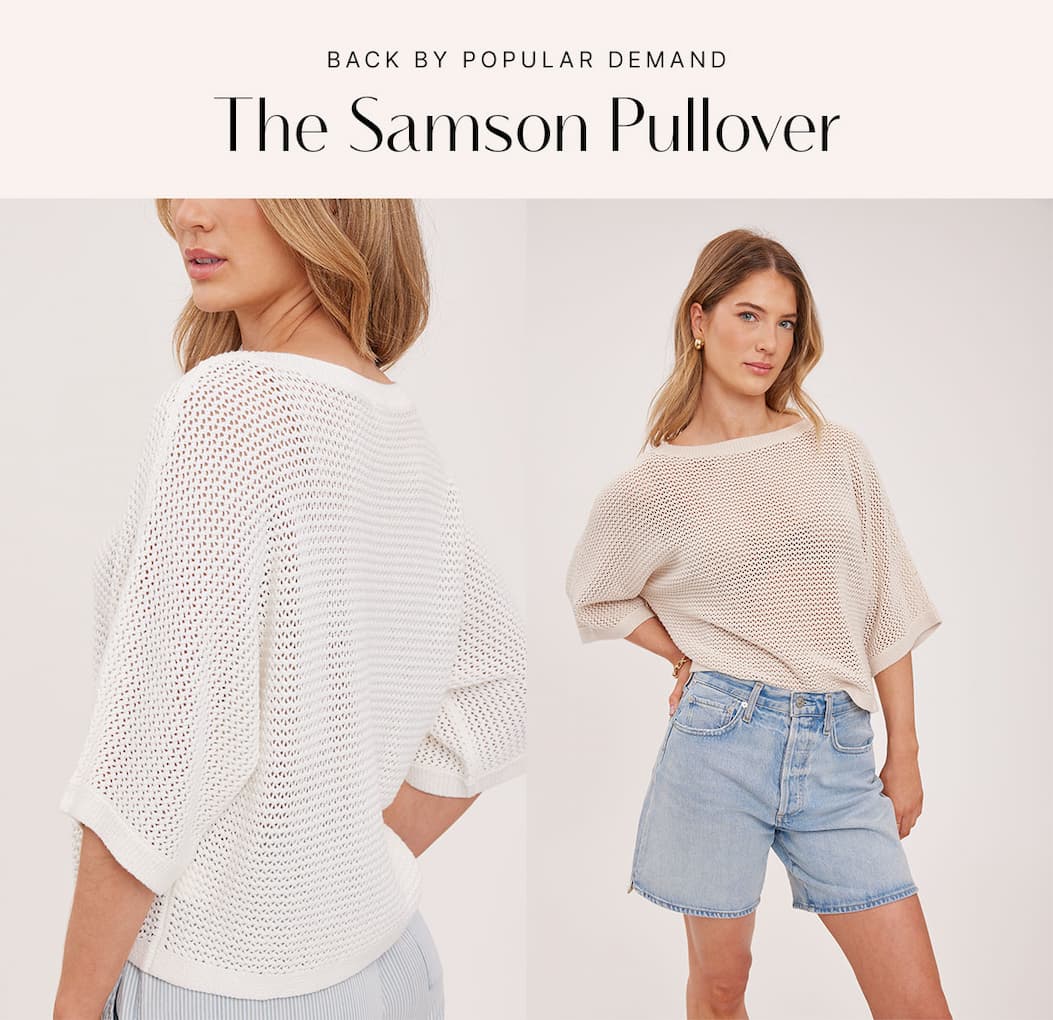 Two-panel collage showcasing the Samson Pullover in an open-knit cream design paired with denim shorts and light-wash jeans.