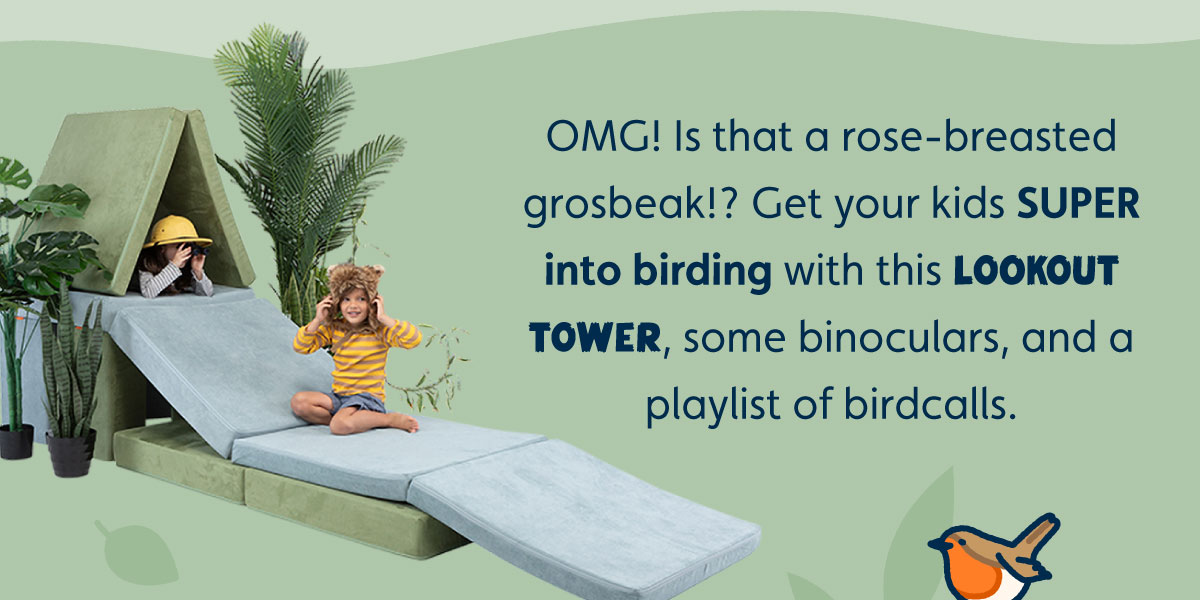 OMG! Is that a rose-breasted grosbeak!? Get your kids SUPER into birding with this lookout tower, some binoculars, and a playlist of birdcalls.