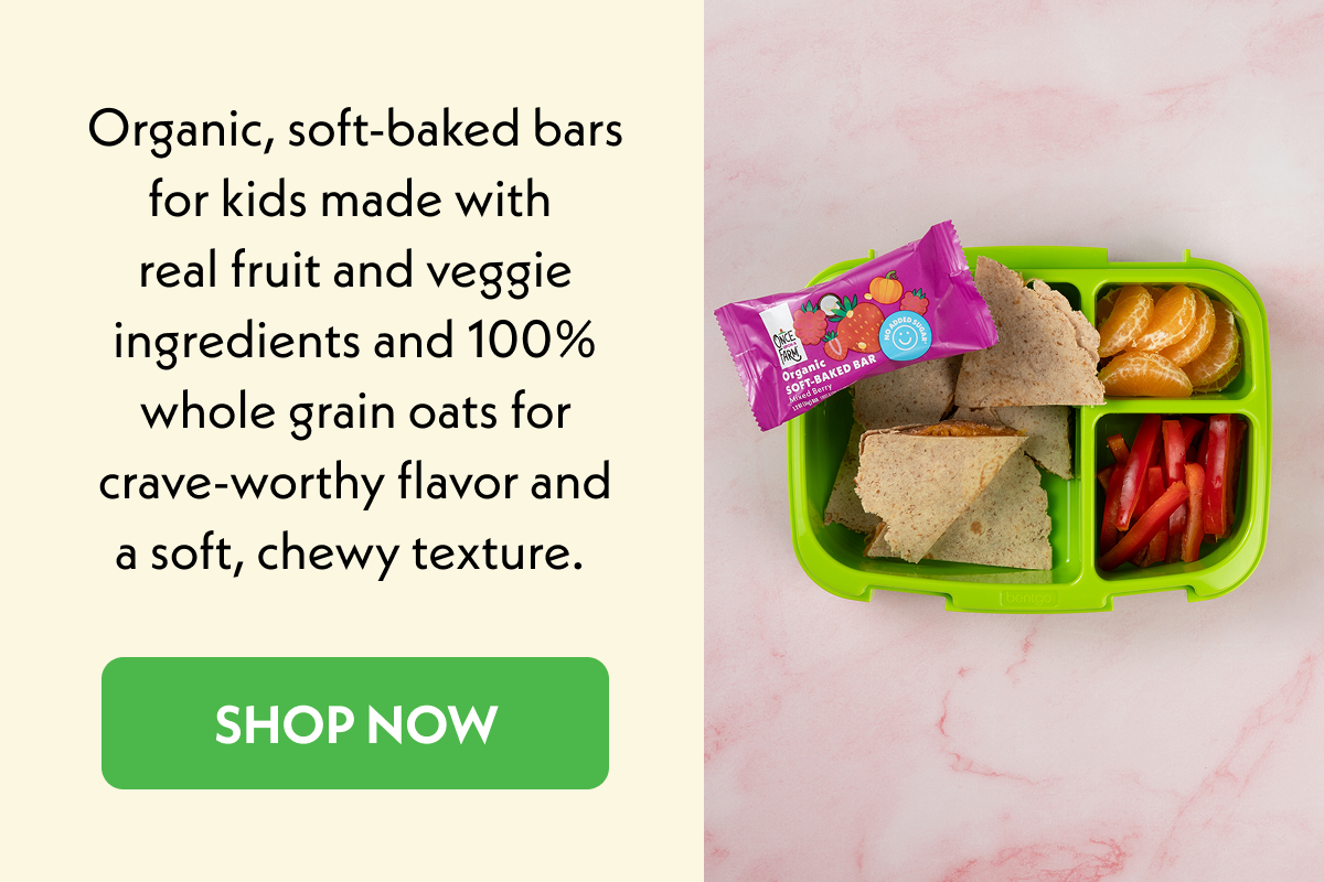 Organic, soft-baked bars for kids made with real fruit and veggie ingredients. 