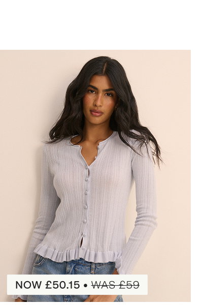 Baby Blue Rib and Ruffle Sheer Knit Cardigan