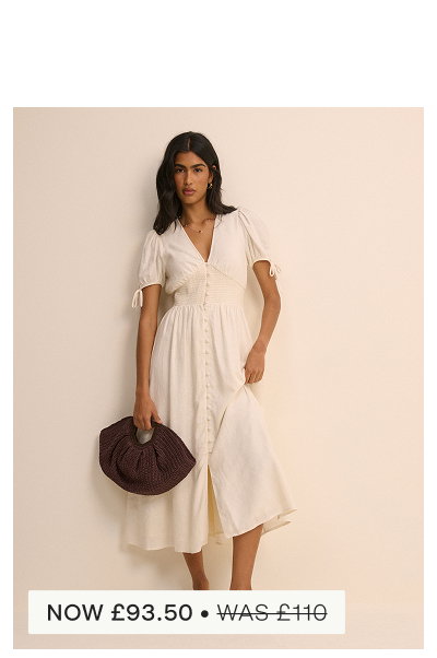 Cream Linen-Blend Button Front Ezra Midi Dress