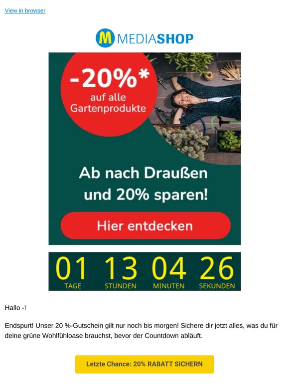 ⏳ Nur noch bis morgen: -20 % auf das Gartensortiment