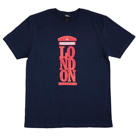 A navy-blue cotton T-shirt showcasing a red London telephone box motif with the city name stylised into the body. – Shop Now. 