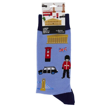 A pair of lilac-blue socks featuring a selection of iconic London motifs. – Shop Now.
