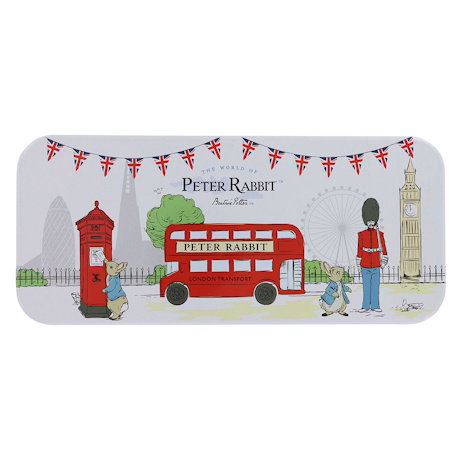 A children’s stationery kit in a metal tin decorated with Beatrix Potter's illustrations of Peter Rabbit in London. – Shop Now. 