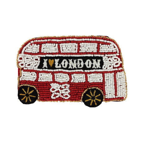 A detailed red and white hand-beaded coin purse in the shape of a London bus. – Shop Now.