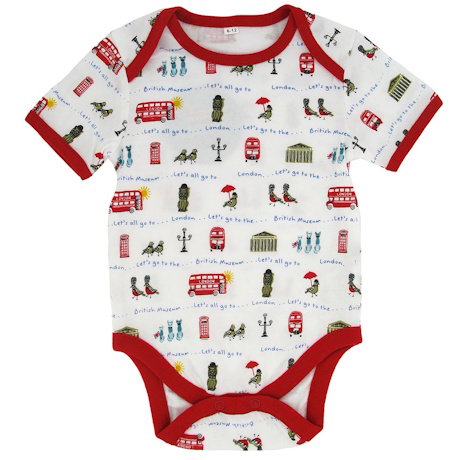 A soft cotton baby suit featuring beloved London icons in a repeated pattern and red piped edge trim. – Shop Now. 