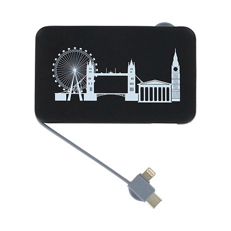 Slim portable charger featuring built-in iPhone and USB-C cables and a striking design showcasing iconic London landmarks. - Shop Now.