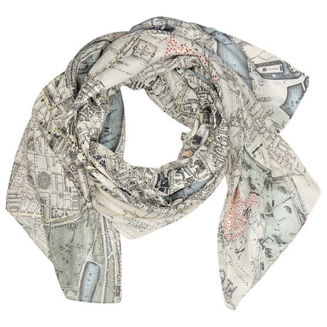 A lightweight neck scarf featuring a vintage map design of London in soft pastel shades of blue, green and pink. – Shop Now.