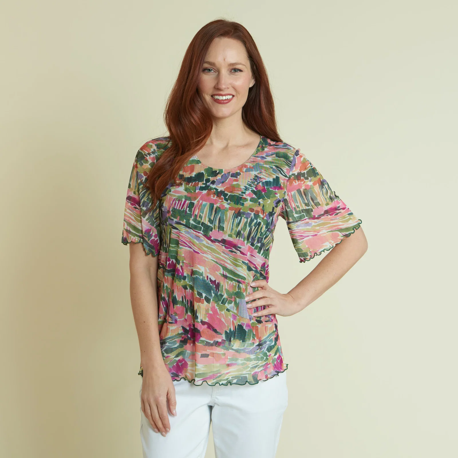 Image of Abstract Landscape Print Mesh Flutter Short Sleeve Top