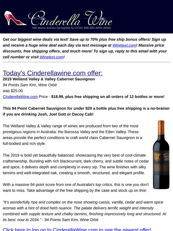 2019 Welland Valley & Valley Cabernet Sauvignon (94 WO) Free Ship on 12