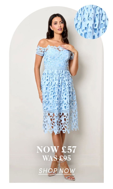 Bardot Lace Midi Crochet Dress in Blue