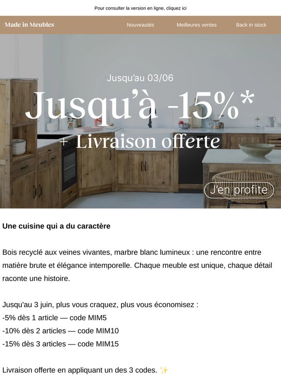 Jusqu'à -15% de réduction + livraison offerte