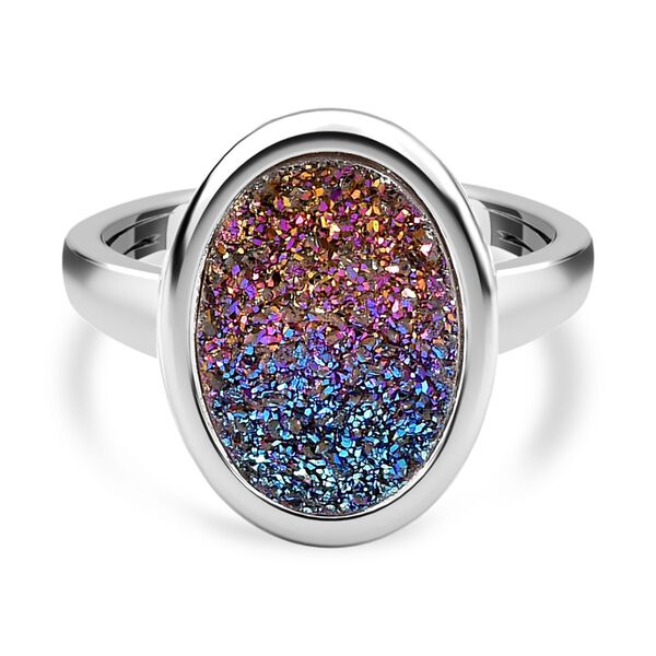 Image of Regenbogen-Drusen Quarz Ring  925 Silber platiniert (Größe 20.00) ca. 3 93 ct