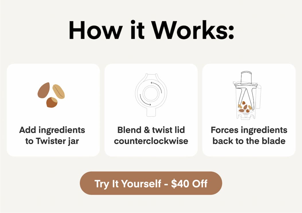How it works: Twisting lid counterclockwise forces ingredients into blade