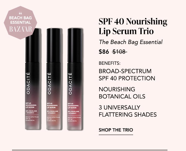 Product: Odacité SPF 40 Nourishing Lip Serum Trio, three shades, Harper's Bazaar Beach Bag Essential