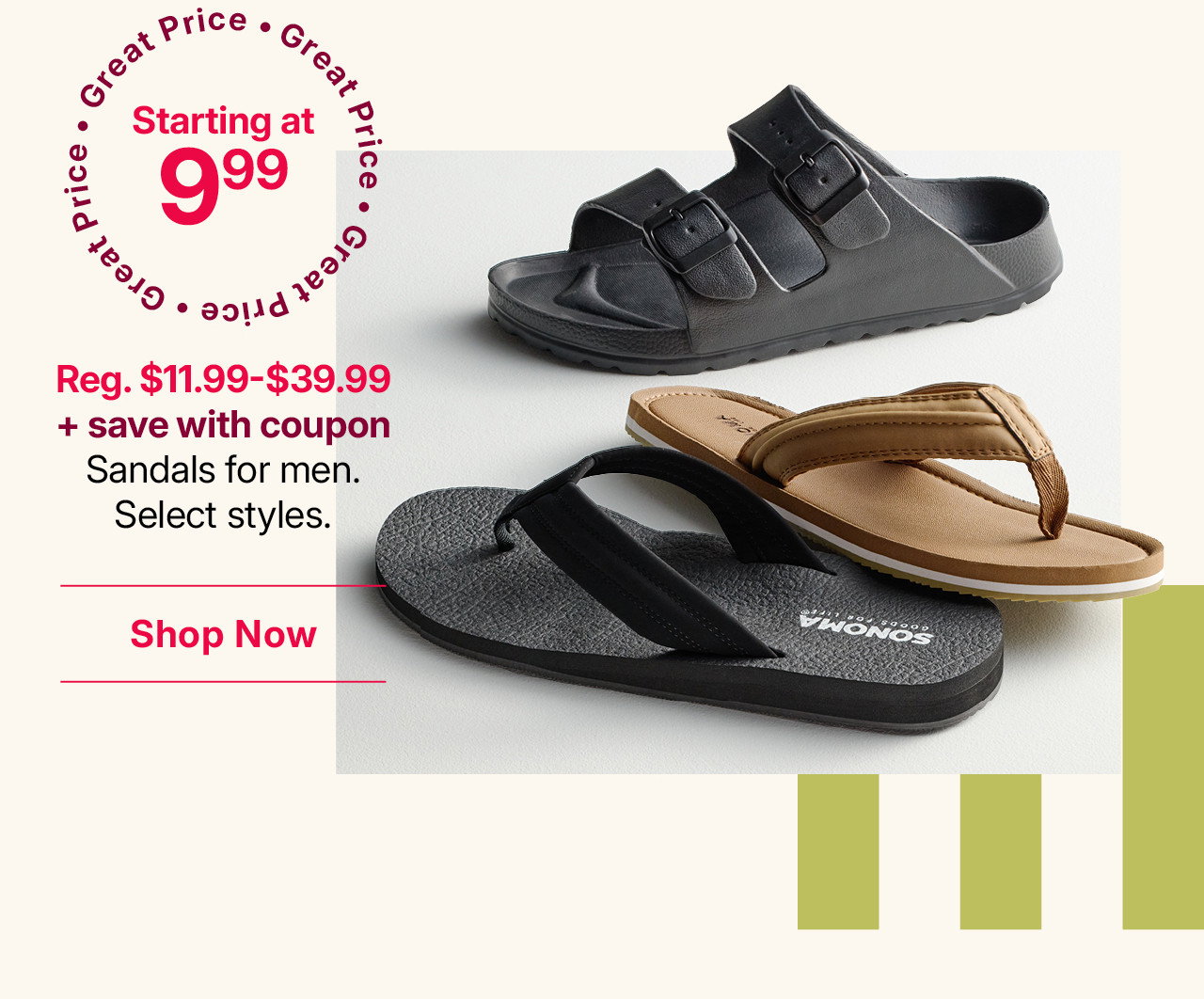 starting at $9.99 sandals for men