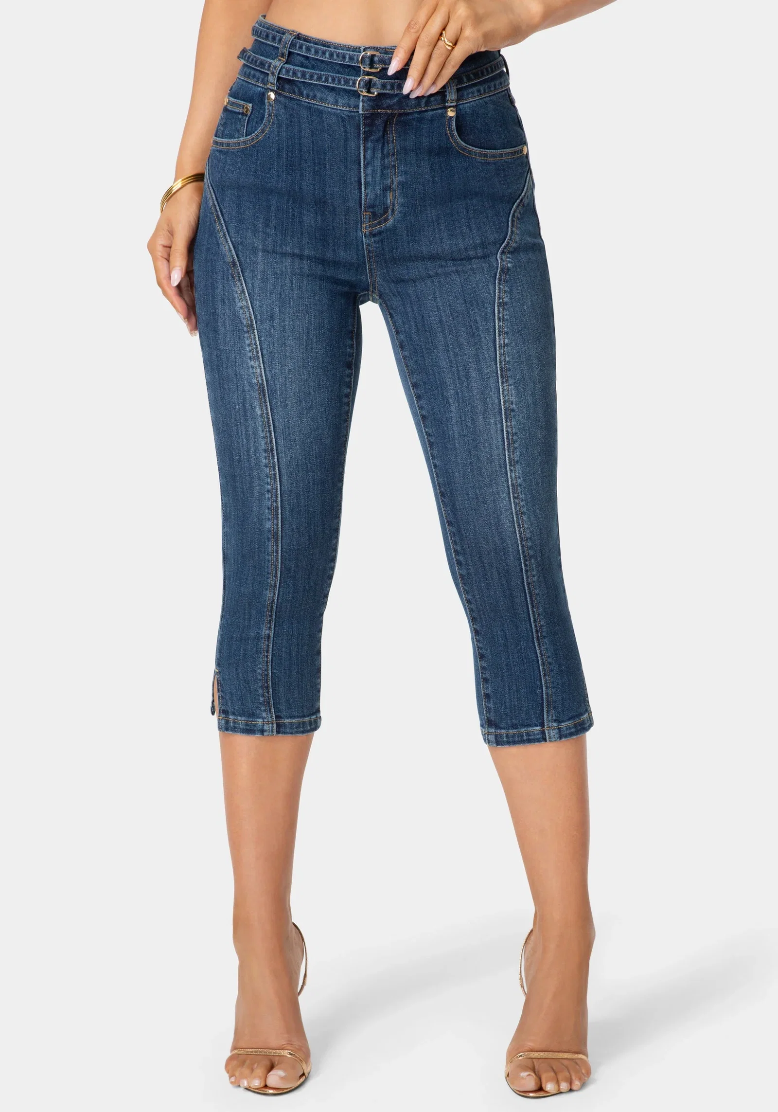 Image of Double Belted Denim Capri