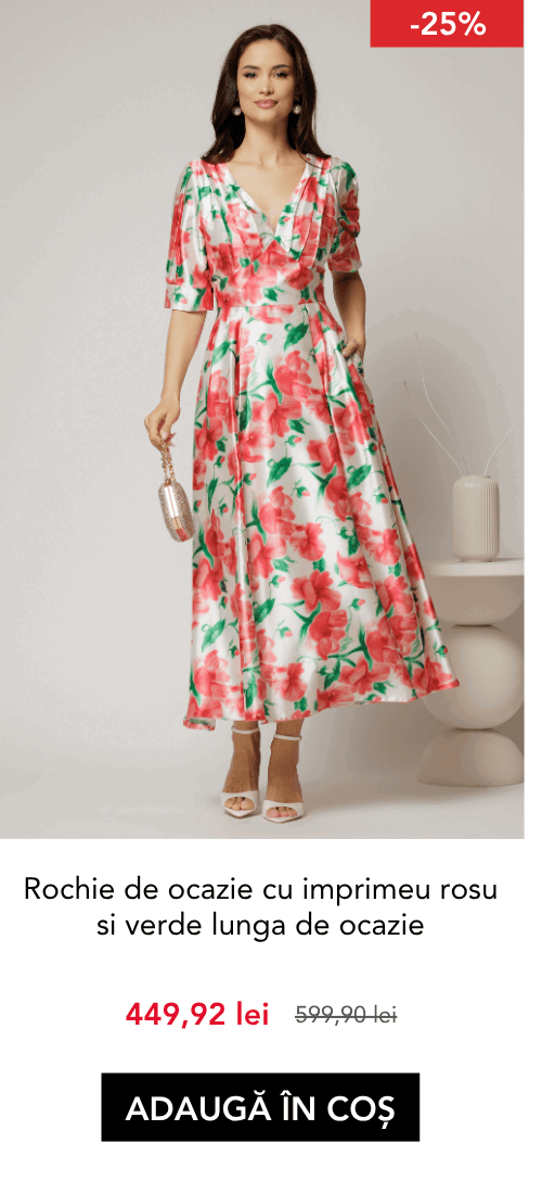 Rochie de ocazie cu imprimeu rosu si verde lunga de ocazie