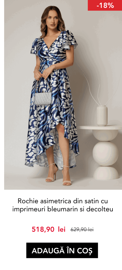 Rochie asimetrica din satin cu imprimeuri bleumarin si decolteu petrecut