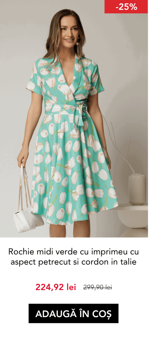 Rochie midi verde cu imprimeu cu aspect petrecut si cordon in talie