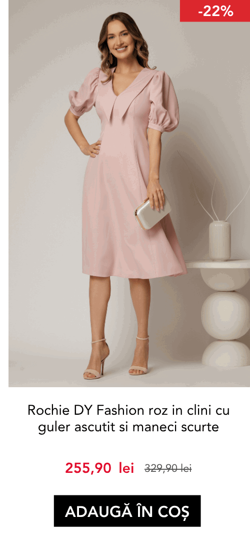 Rochie DY Fashion roz in clini cu guler ascutit si maneci scurte bufante