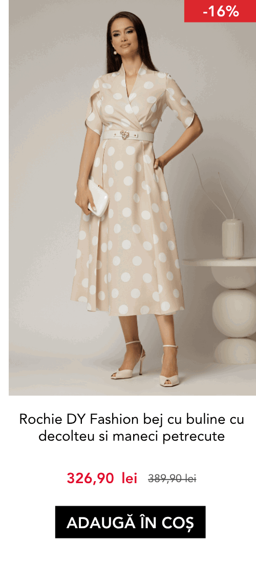 Rochie DY Fashion bej cu buline cu decolteu si maneci petrecute