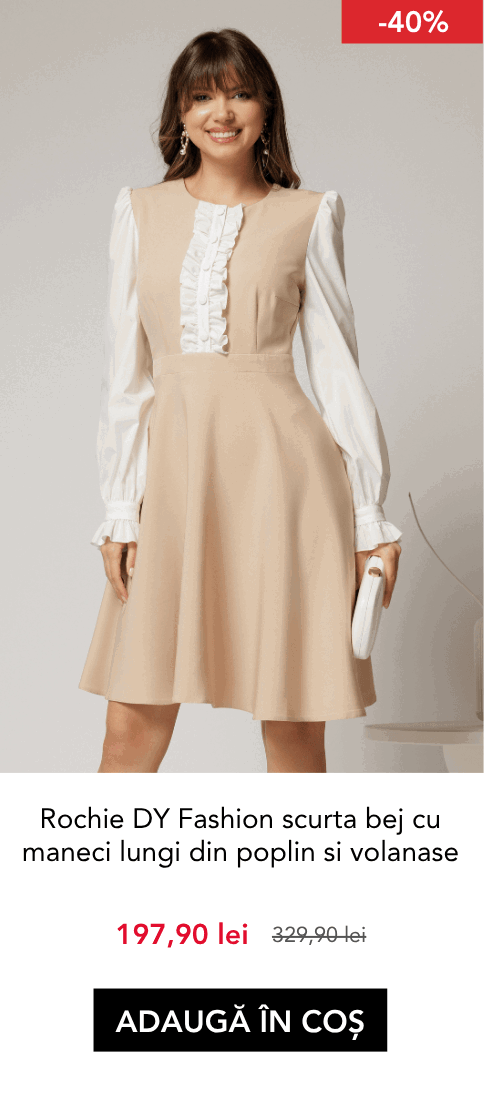 Rochie DY Fashion scurta bej cu maneci lungi din poplin si volanase