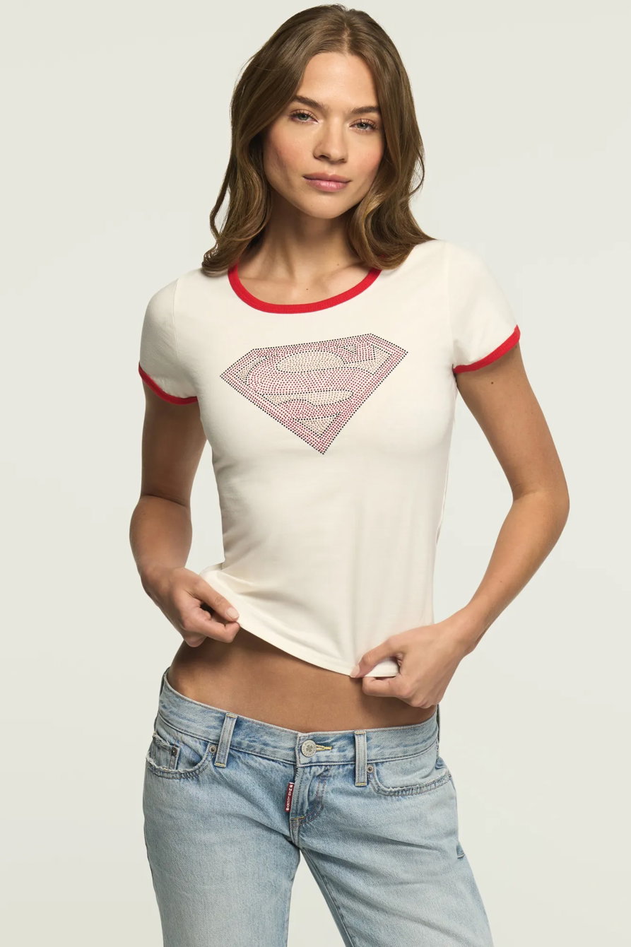 Image of Lucky Brand Supergirl Rhinestone Logo Ringer Tee - Women's Clothing Tops Shirts Tee Graphic T Shirts in Cream