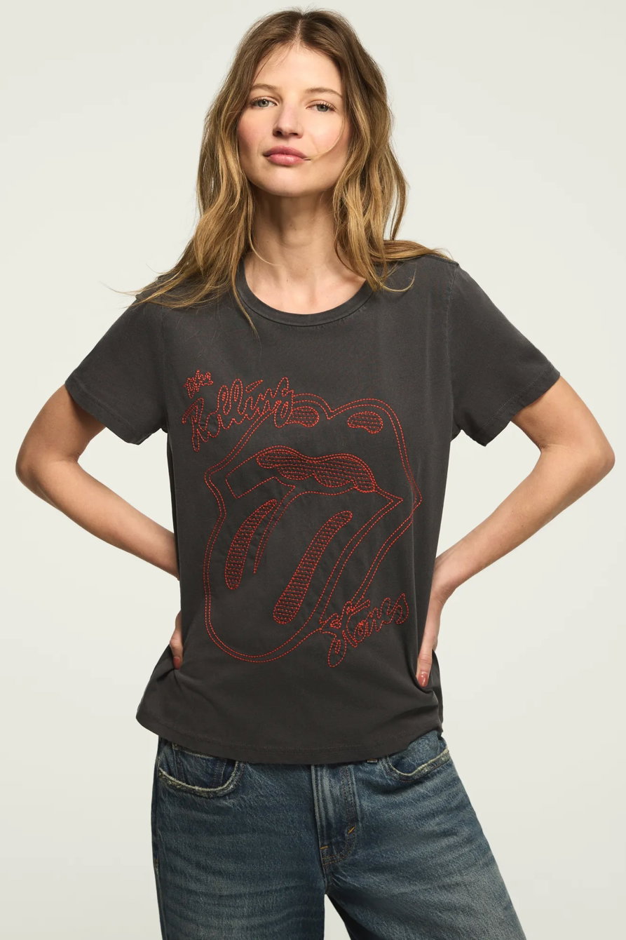 Image of Lucky Brand Rolling Stones Outlined Halftone Boyfriend Tee - Women's Clothing Tops Shirts Tee Graphic T Shirts in Jet Black