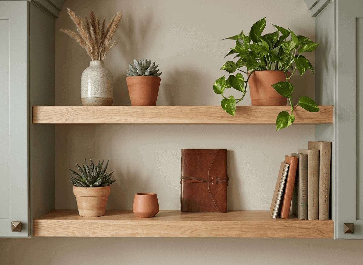 Wooden shelves with plants and books.