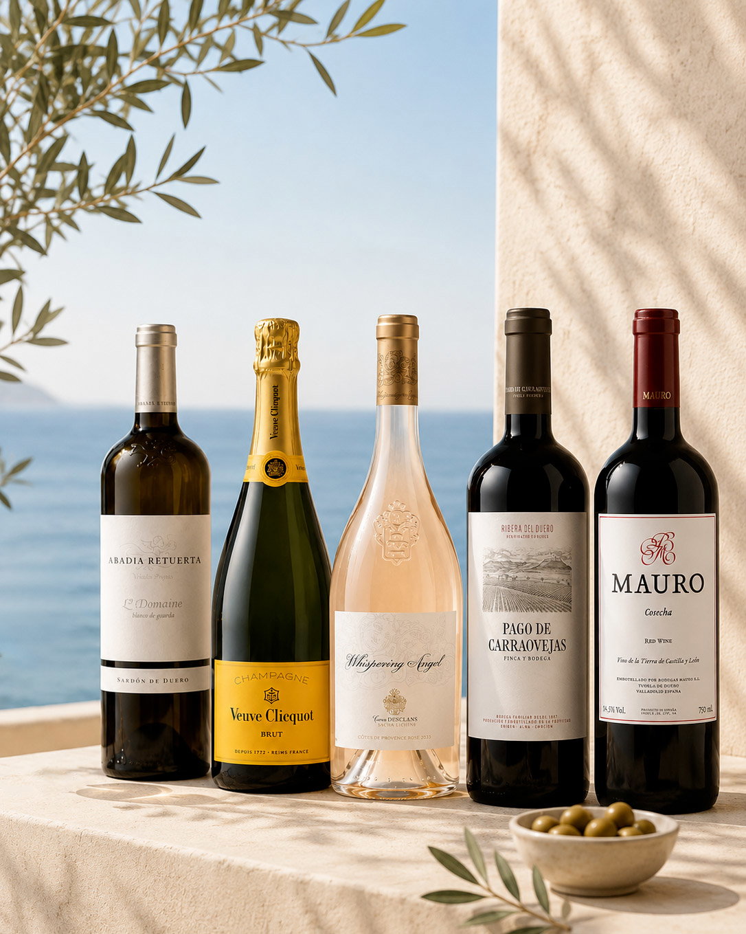 Five assorted wine bottles (white, champagne, rosé, two reds) on a sunlit coastal ledge with a bowl of olives