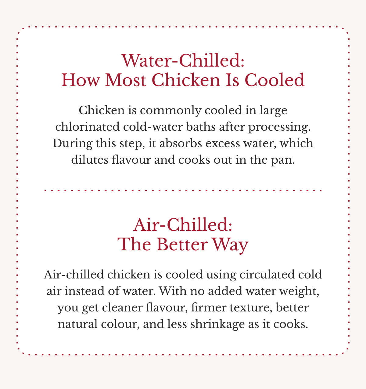 Water-Chilled: How Most Chicken Is Cooled Chicken is commonly cooled in large chlorinated cold-water baths after processing. During this step, it absorbs excess water, which dilutes flavour and cooks out in the pan. | Air-Chilled: The Better Way Air-chilled chicken is cooled using circulated cold air instead of water. With no added water weight, you get cleaner flavour, firmer texture, better natural colour, and less shrinkage as it cooks.