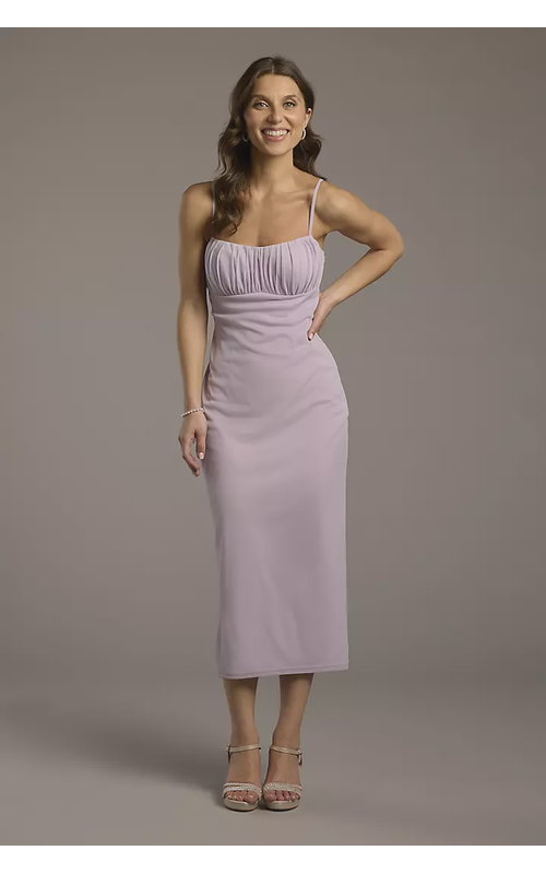 Ruched Empire Mesh Sheath Midi Dress
