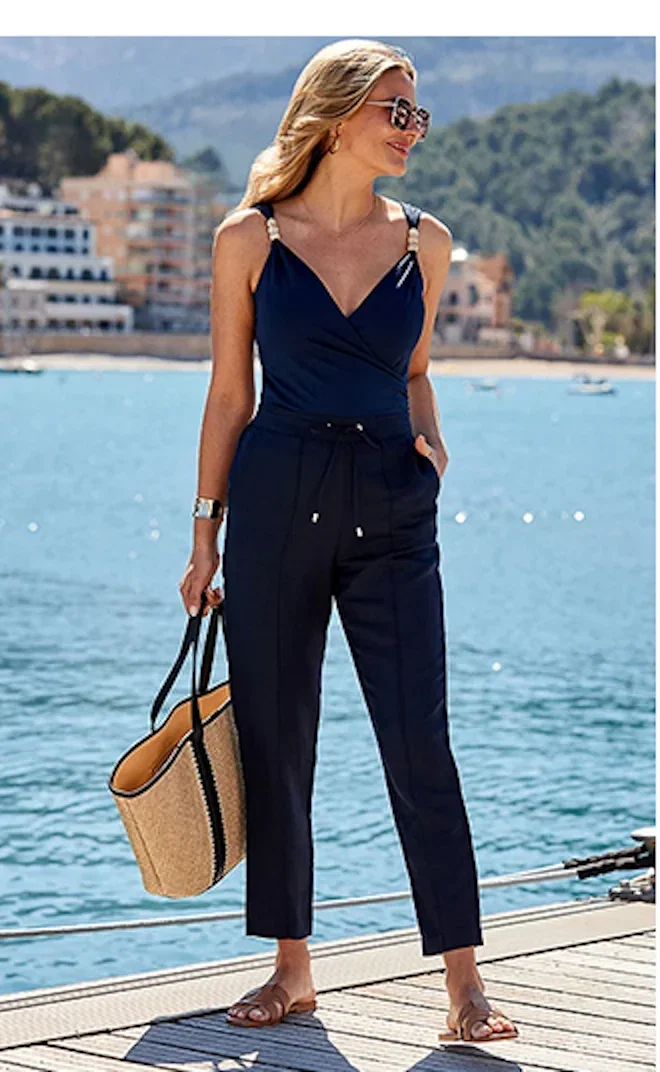 Navy Blue Linen Blend Tapered Trouser