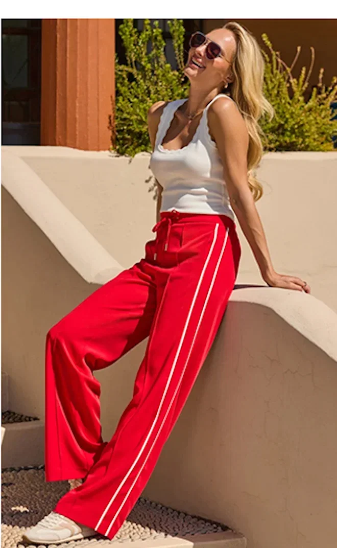 Red Side Stripe Drawstring Wide Leg Trousers