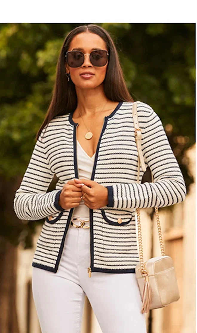 Navy Blue & White Stripe Zip Detail Cardigan