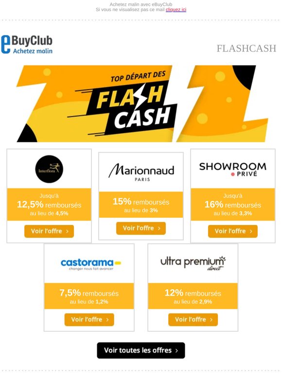 ⚡️ FlashCash : Marionnaud, Interflora, Showroomprivé, Castorama, Ultra Premium Direct