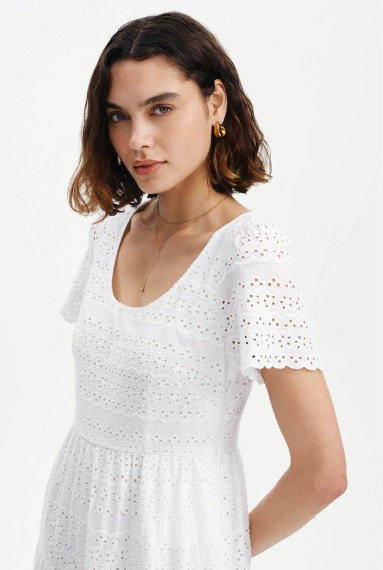 Jemma White Cottom Broderie Square Neck Tiered Midi Dress