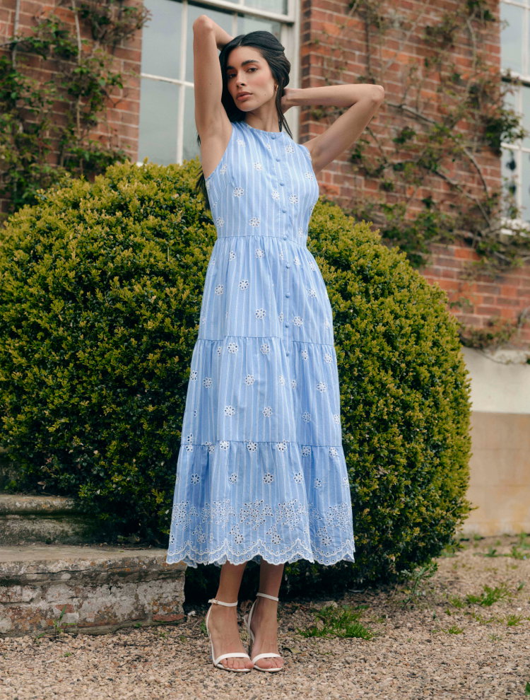Rose Blue Stripe Cotton Broderie Sleeveless Midi Dress